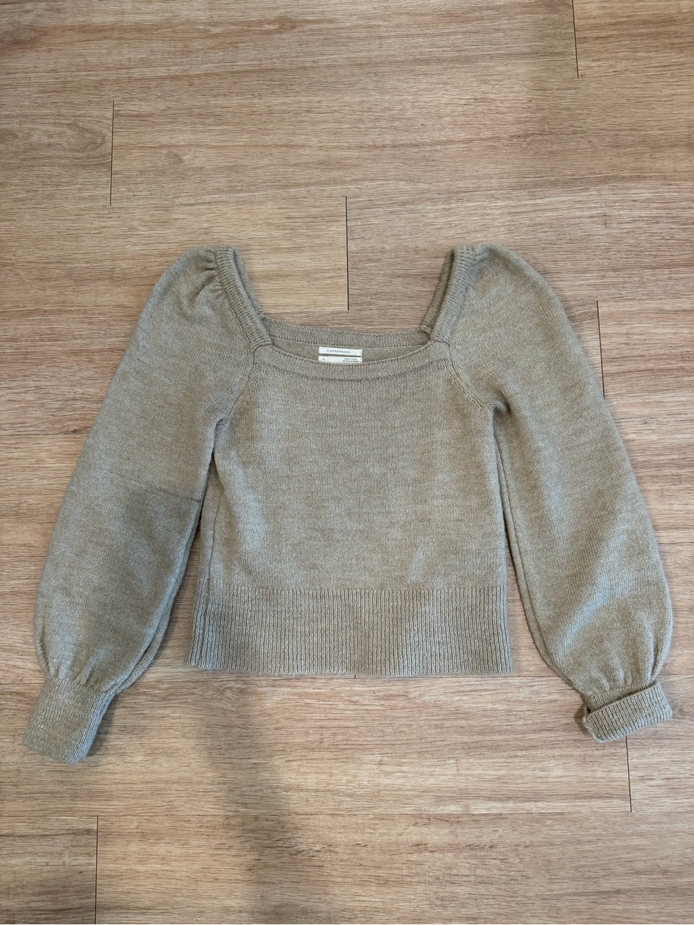 Anthropologie Taupe Square-Neck Puff Sleeve Sweater
